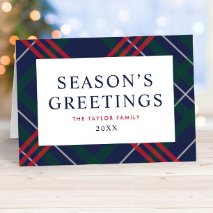 Elegante kerstgroet in navyblauw tartan geruit feestdagen kaart