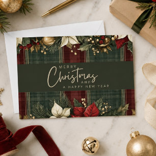 Elegante kerstkaart met burgundy ruitpatroon en po