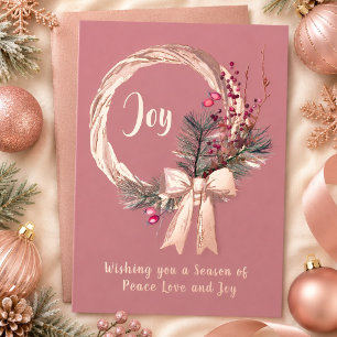 Elegante Kerstkrans Joy Kerst Roze Goud Folie Feestdagenkaart