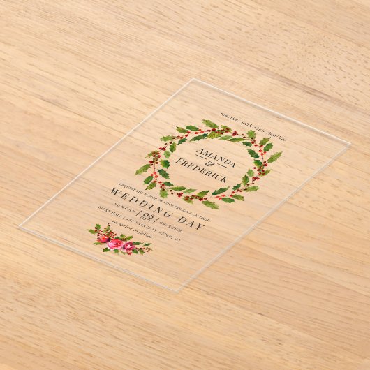 Elegante kerstkrans kerstbruiloft acryl uitnodigingen (Laagn)