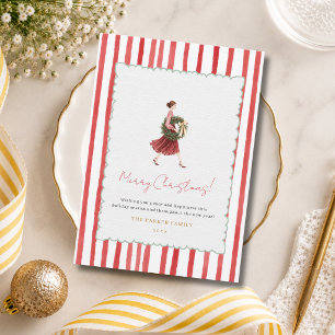 Elegante Kerstkrans voor Vrouw met Rode Strepen Feestdagenkaart