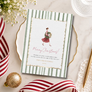 Elegante kerstkrans voor vrouwen met groene strepe feestdagenkaart