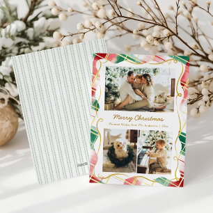Elegante Kerstmis 3 Foto Rood Groen Geruit Patroon Feestdagenkaart
