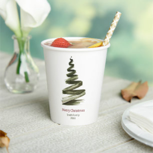 Elegante Kerstmis Groene Boom Aquarel Papieren Bekers