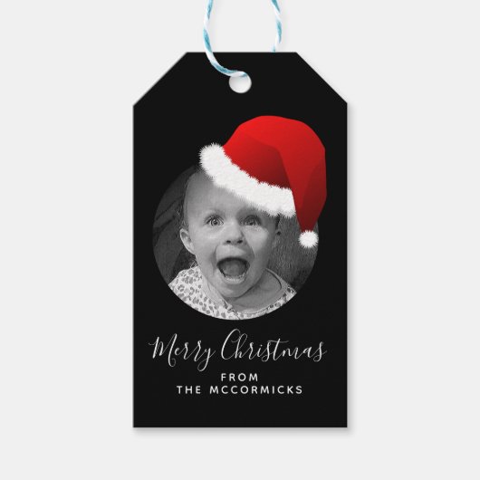 Elegante Kerstmis Hand Lettered Custom Santa Foto Cadeaulabel (Voorkant)