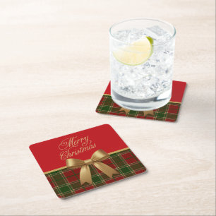 Elegante Kerstmis Plaid Collectie met Gouden Strik Vierkante Kartonnen Onderzetter