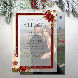 Elegante Kerstmis Rode Damast Bloemen Vellum Uitnodigingen