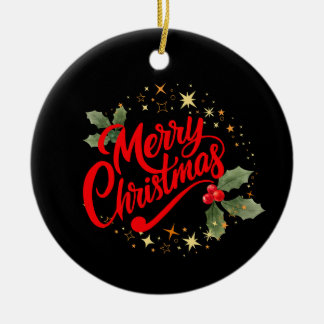 Elegante Kerstmis Rode Scriptie Hulst Gouden Ster Keramisch Ornament