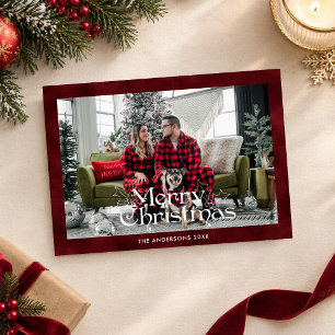 Elegante Kerstmis Script Foto Rood Fluwelen Feestdagenkaart