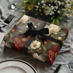 Elegante Kerstmis Winter Rood en Crème Bloemmotief Cadeaupapier