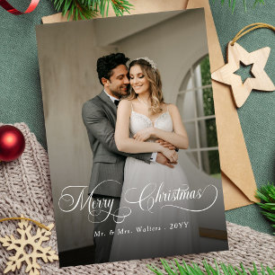 Elegante Kerstmis Witte Script Foto Overlay Feestdagenkaart