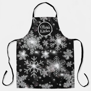 Elegante Kerstmis zwart wit zilveren sneeuwvlokken Schort