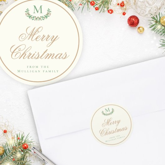 Elegante kerstmonogram geschenkverpakking ronde sticker