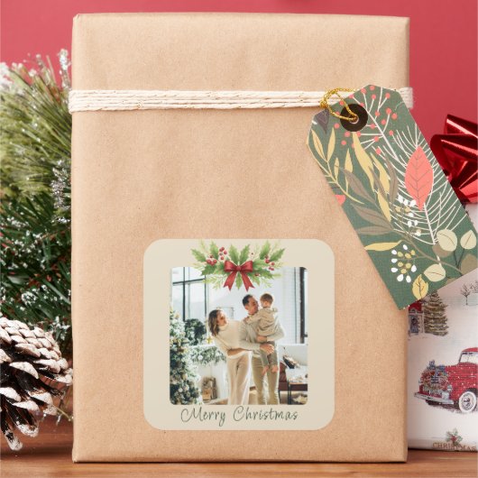 Elegante Kerstster met rode lint - Vierkante Sticker (Feestdagen)