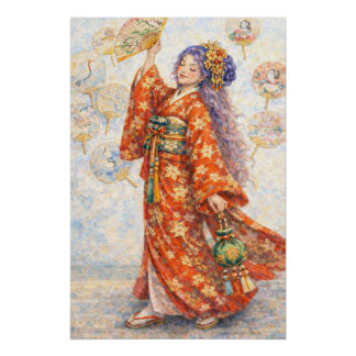 Elegante kimonovrouw met waaier perfect poster