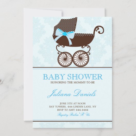 Elegante kinderwagen jongen babyshower uitnodiging (Voorkant)