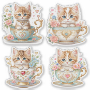 Elegante Kitten in Theekopje Stickers - Bloemontw