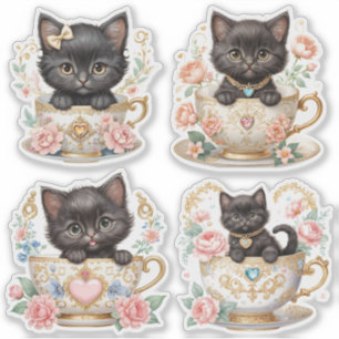 Elegante Kitten in Theekopje Stickers - Bloemontw