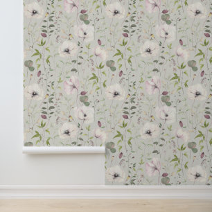 Elegante klaprozen bladeren bloempatroon satijnen behang