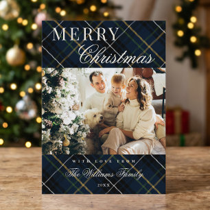 Elegante Klassiek Blauw Geruit 1 Foto Kerstmis Feestdagenkaart