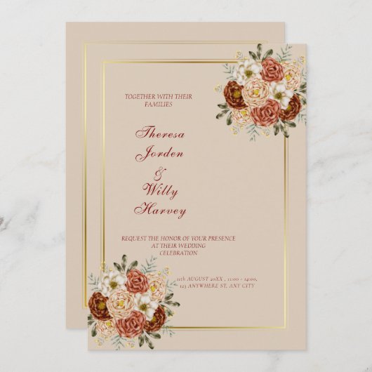 Elegante Klassiek zijn & bruine bruiloft uitnodigi Kaart (Voorkant / Achterkant)