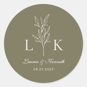 Elegante Klassieke Blad Monogram Trouw Olijfgroen Ronde Sticker