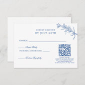 Elegante klassieke blauwe bloemenbruiloft QR-code RSVP Kaartje (Voorkant / Achterkant)