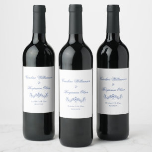 Elegante klassieke blauwe Franse landelijke bloemi Wijn Etiket