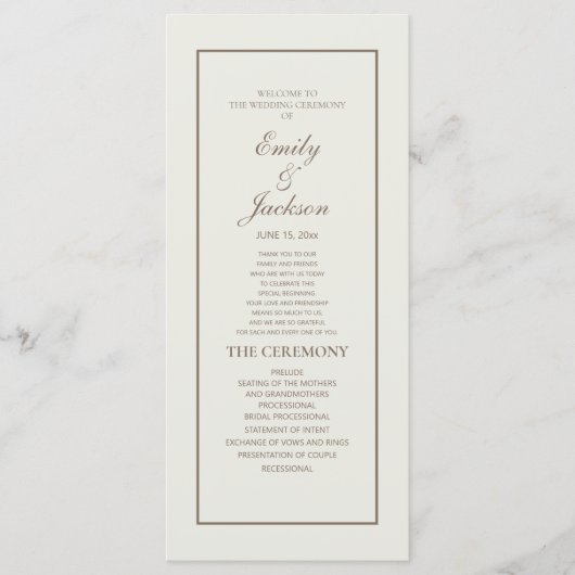 Elegante Klassieke Crème Bruine Script Trouwprogra Programma (Voorkant)