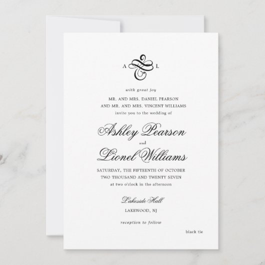 Elegante klassieke formele script monogram bruilof kaart (Voorkant)