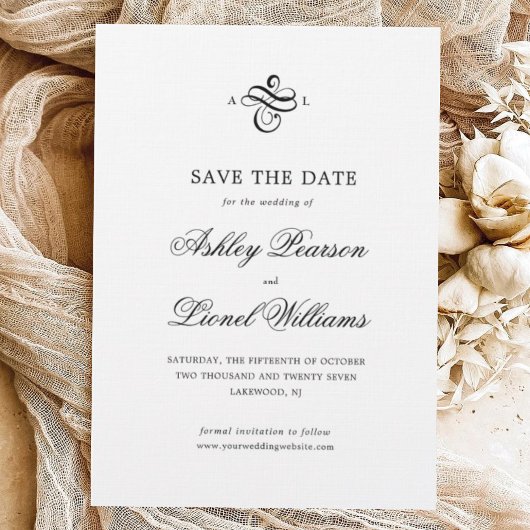 Elegante klassieke formele script monogram bruilof save the date