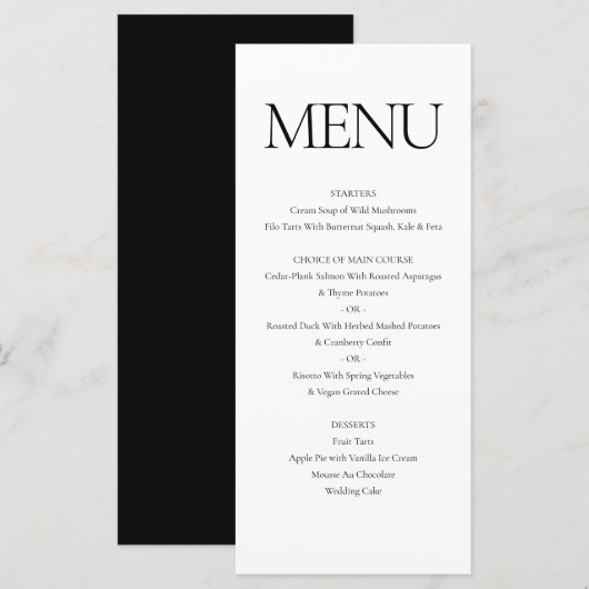 Elegante klassieke formele zwart wit bruiloft dine menu (Voorkant / Achterkant)