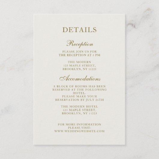 Elegante klassieke gouden monogram bruiloft detail informatiekaartje (Voorkant)