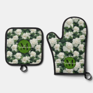 Elegante klassieke groene botanische witte bloemen ovenwant & pannenlap set