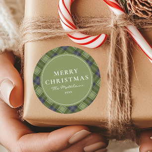 Elegante Klassieke Groene Geruite Vrolijk Kerst Ronde Sticker