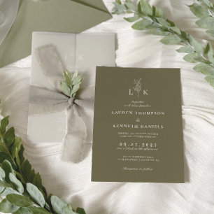 Elegante Klassieke Olijfgroene Blad Monogram Bruil Kaart