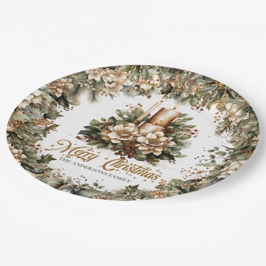 Elegante klassieke pastel groen gouden kerstkaars papieren bordje (Gekanteld)