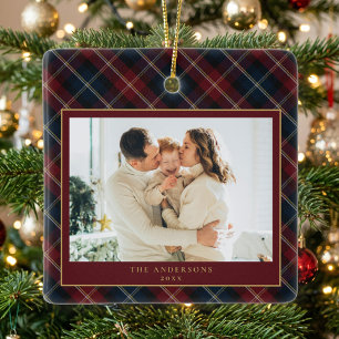 Elegante Klassieke Plaid Familie Foto Kerstmis Keramisch Ornament