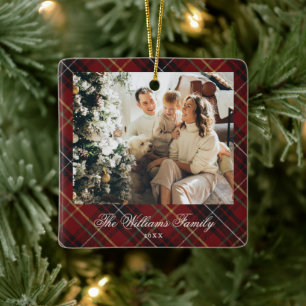 Elegante Klassieke Rode Plaid 1 Foto Kerstmis Keramisch Ornament