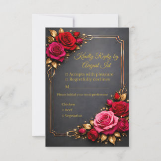 Elegante Klassieke Rode Roze Rozen Gouden Vriendel RSVP Kaartje