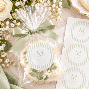 Elegante Klassieke Salie Streep Monogram Trouw Bru Ronde Sticker