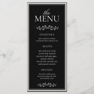 Elegante klassieke trouwdag in zwart en wit menu