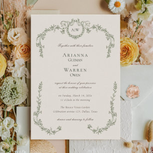 Elegante Klassieke Vintage Groen Monogram Huwelijk Kaart