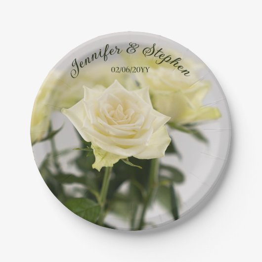 Elegante klassieke witte rozenbloemen bruiloft papieren bordje (Voorkant)