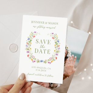 Elegante kleurrijke bloemenboho Save the Date foto Kaart