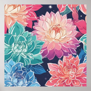 Elegante kleurrijke Dahlia bloemen op donkere acht Poster