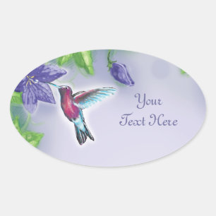elegante kleurrijke kolibrie en paarse bloemen ovale sticker