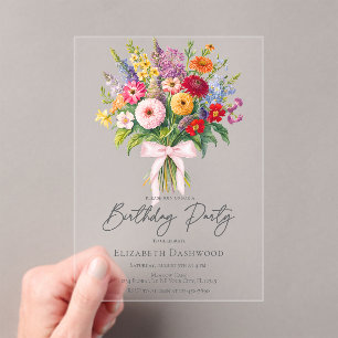 Elegante kleurrijke tuin bloemenboeket verjaardag acryl uitnodigingen