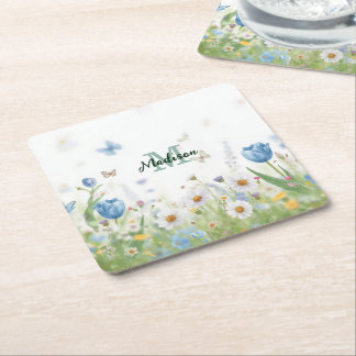 Elegante Kleurrijke  Wilde bloem Bloem blauwe vlin Vierkante Kartonnen Onderzetter