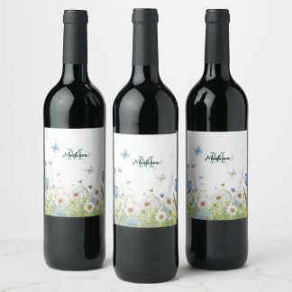 Elegante Kleurrijke  Wilde bloem Bloem blauwe vlin Wijn Etiket